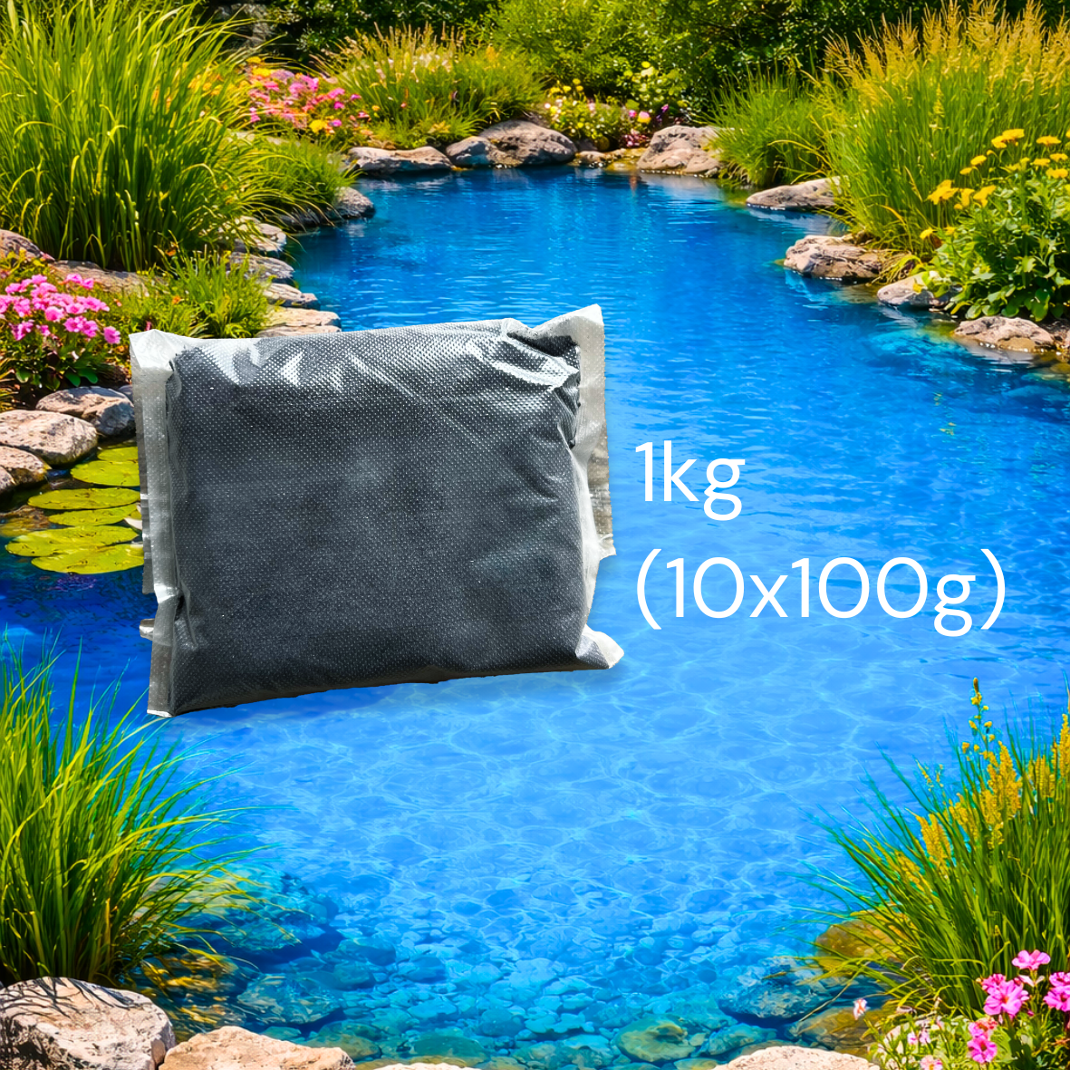 Mėlyni dekoratyviniai tvenkinio dažai 1kg dumblių ir vandens piktžolių kontrolei iki 10000 m3