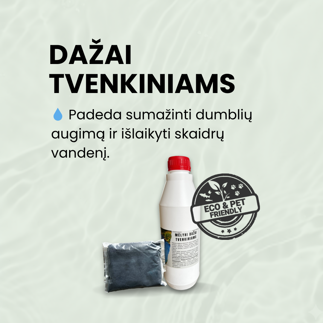 Mėlyni tvenkinių dažai vandens skaidrinimui ir dumblių augimo mažinimui