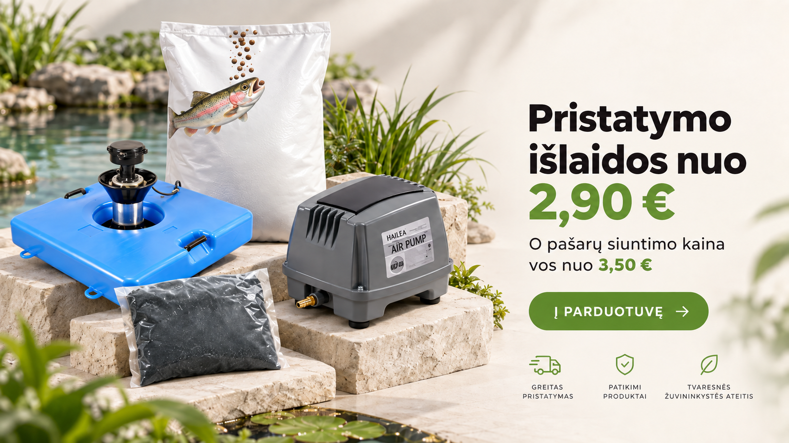 pašarai žuvims, dažai tvenkiniams, orapūtė